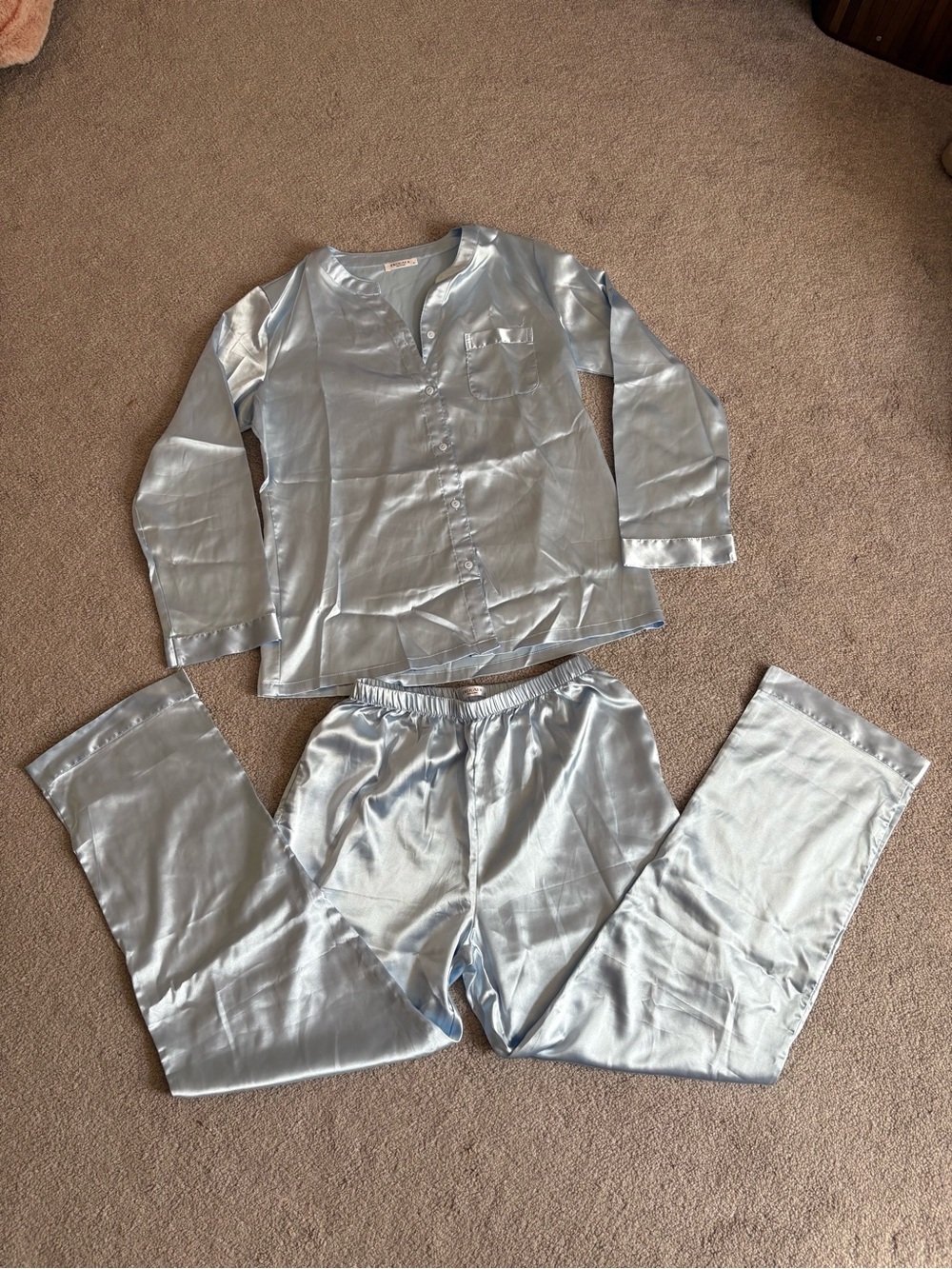 Satin Light Blue Button-Up Pajama Set - Women’s Two-Piece Sleepwear
